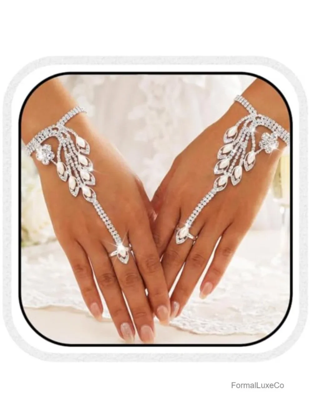 Silver Rhinestone Fingerless Gloves with Pearl Ring